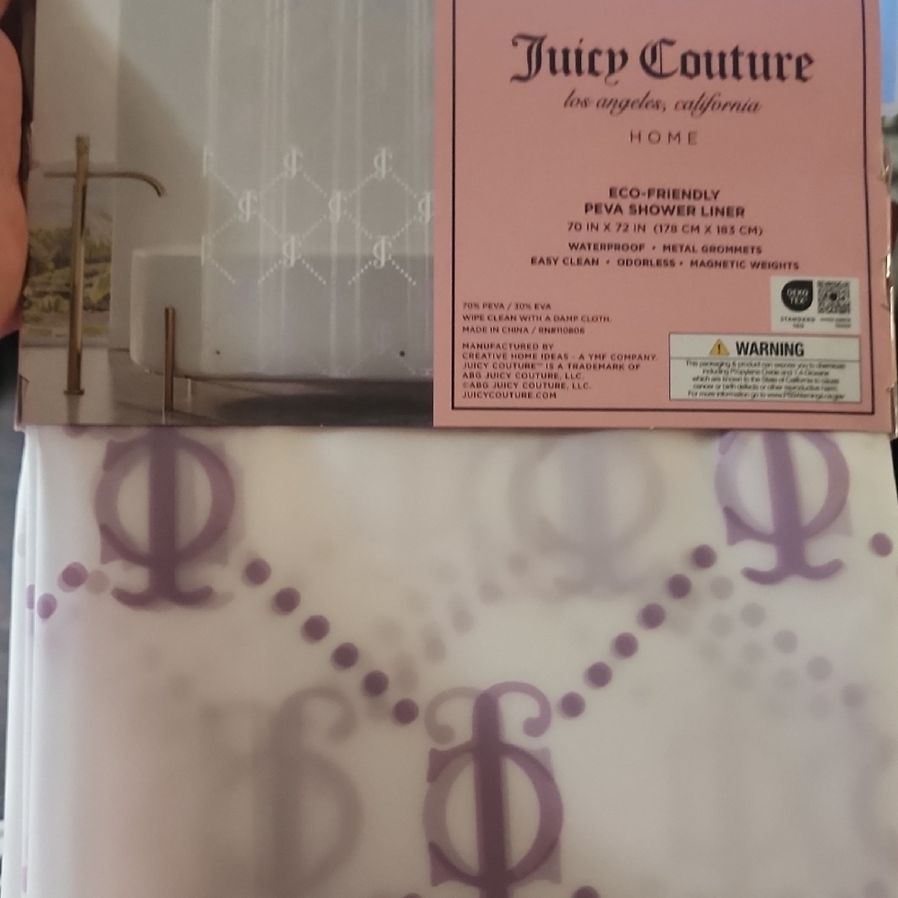NWT Juicy Couture White Shower Curtain with Lilac Logo Pattern